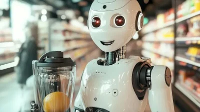 abarrobi In the foreground a smiling humanoid robot offers2